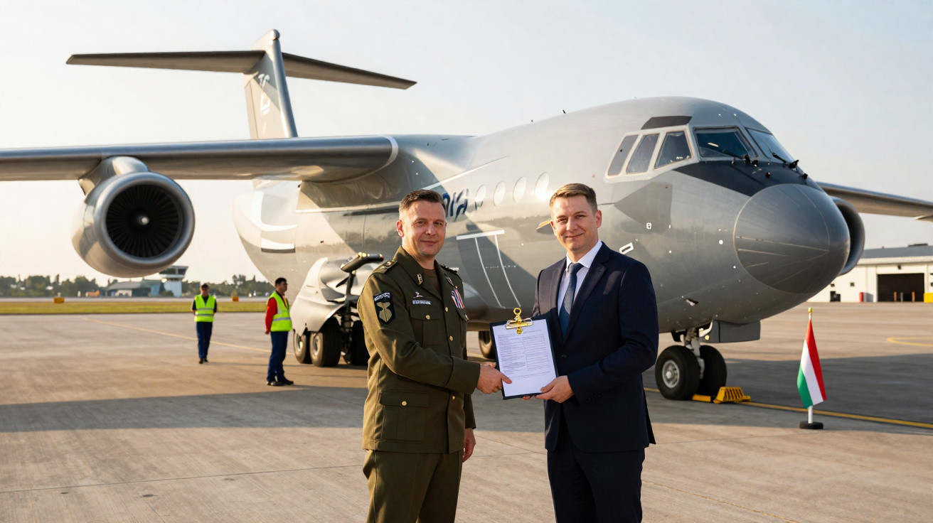 Dois homens, um militar e um civil, apertam as mãos em frente a um avião militar estacionado no aeroporto.