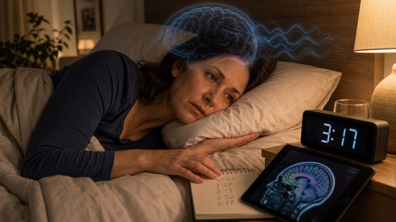 Mulher deitada na cama acordada às 3:17 com imagem do cérebro e ondas cerebrais a simbolizar insónia.