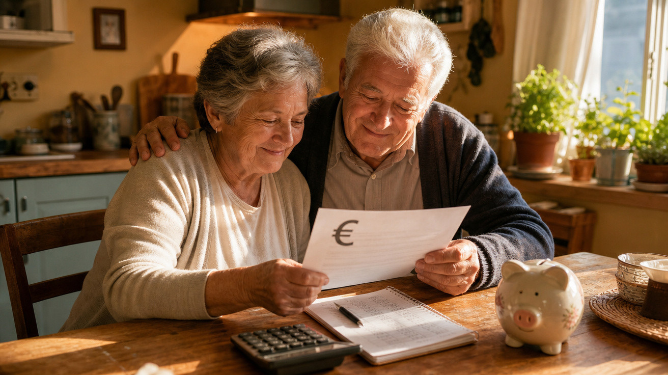 Casal idoso a analisar contas com símbolo de euro, calculadora e mealheiro na mesa de madeira iluminada.