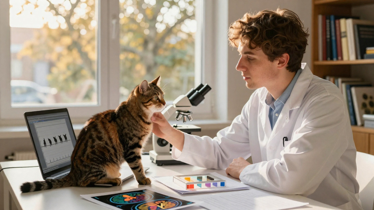 Jovem cientista num laboratório a acariciar um gato sentado numa mesa com material de estudo e microscópio.