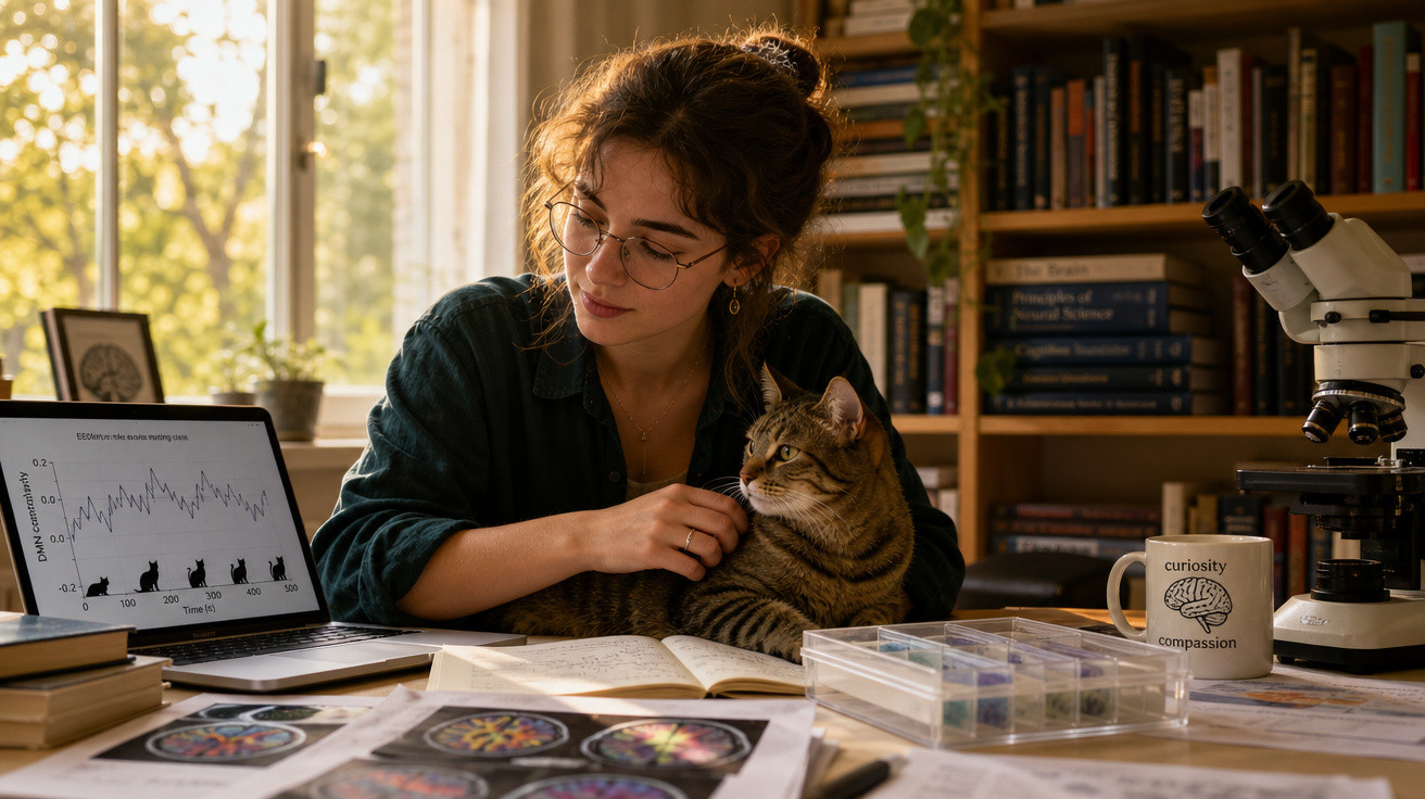 Mulher com óculos estuda com gato ao colo, rodeada de livros, laptop aberto e microscópio numa mesa.
