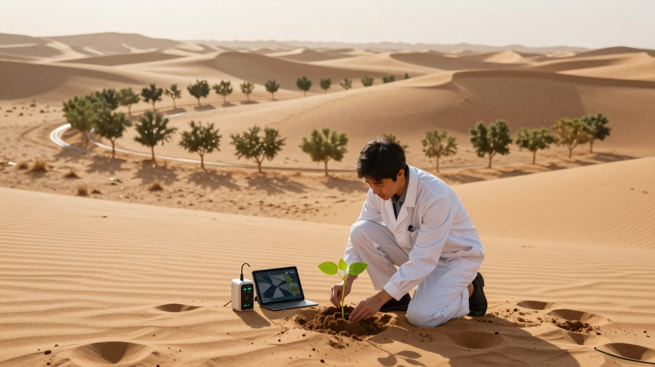 Homem com bata branca planta uma muda na areia do deserto com computador e sensores ao lado.