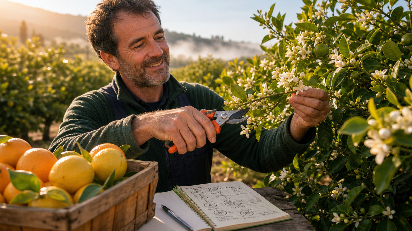 Homem com tesoura de poda verifica flores em árvore de citrinos, com cesto de laranjas e caderno de notas.