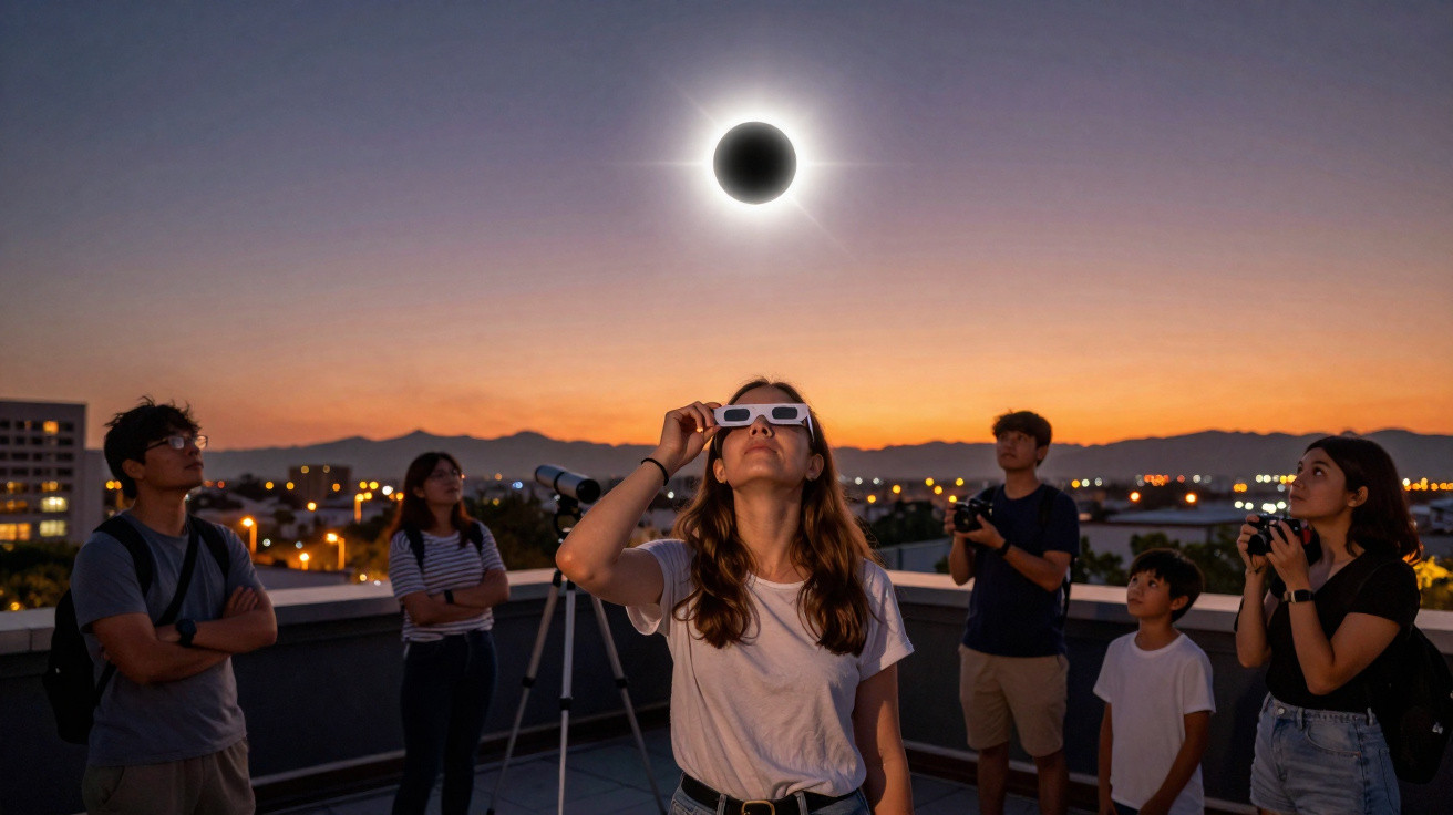 Pessoas observam eclipse solar com óculos especiais no terraço ao anoitecer, cidade iluminada ao fundo.