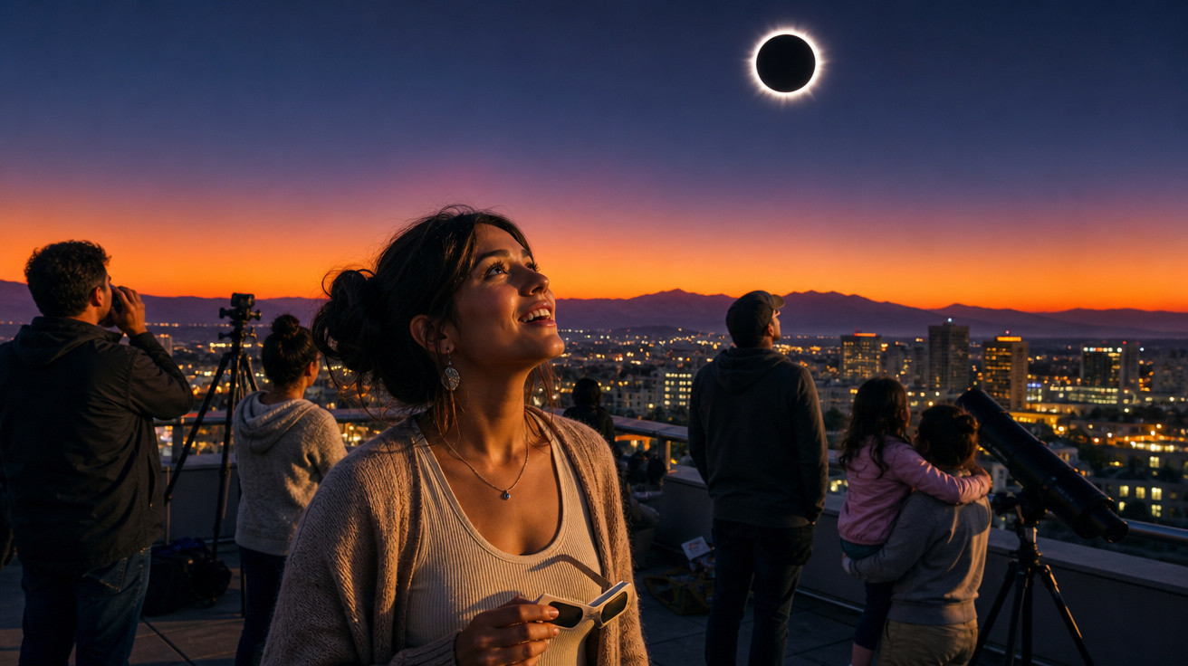 Pessoas observam eclipse solar num terraço com cidade iluminada e montanhas ao fundo ao pôr do sol.