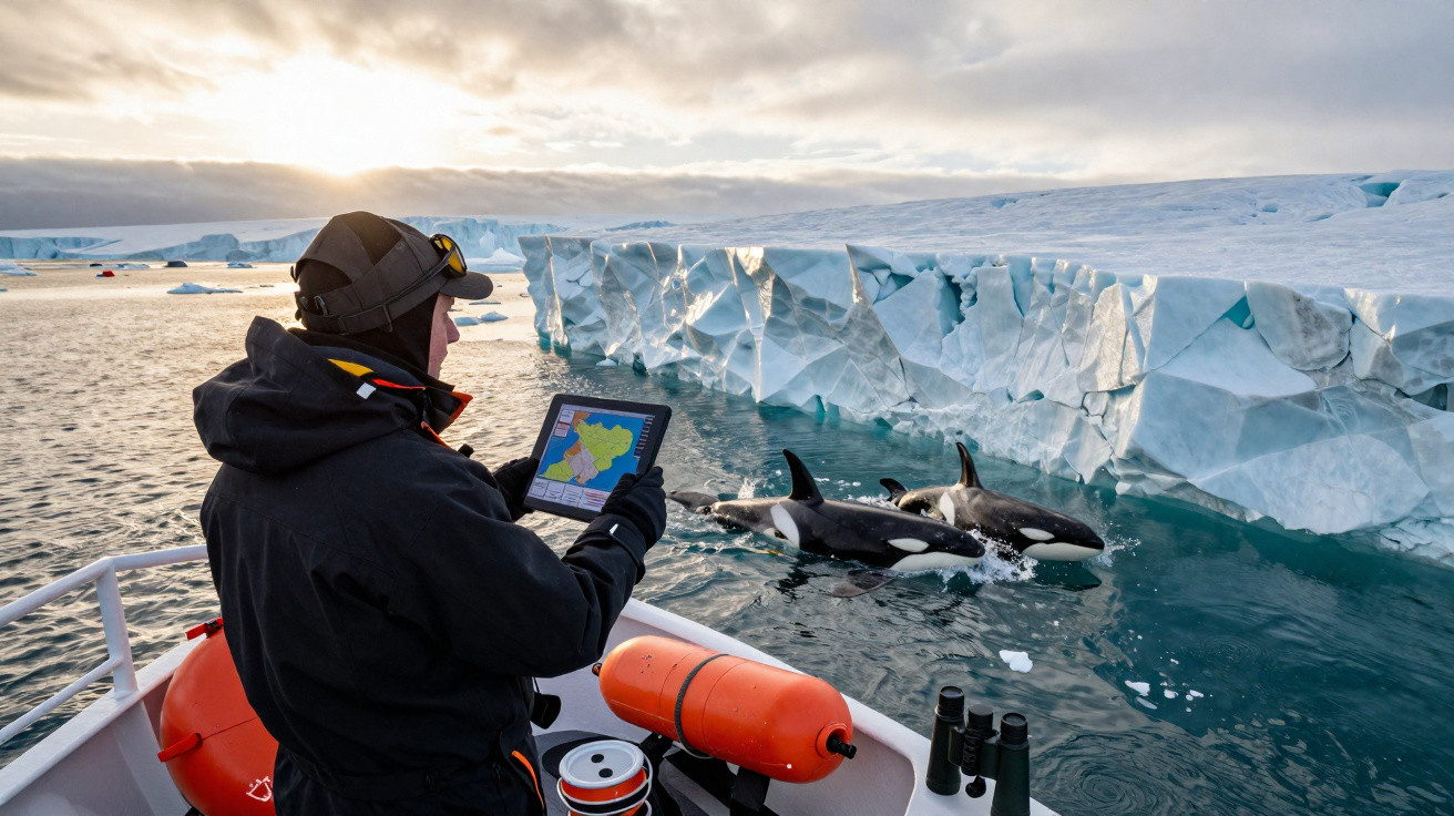 Pessoa num barco observa três orcas junto a um grande bloco de gelo no mar gelado.