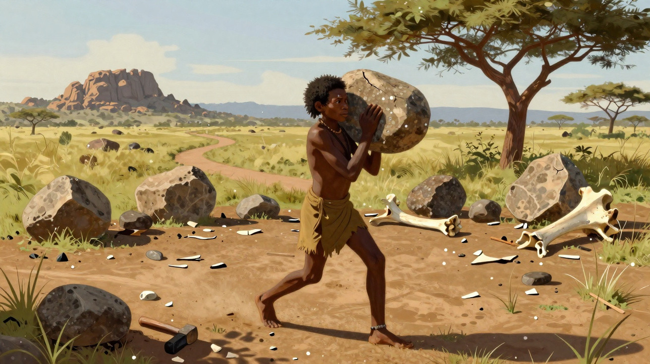 Homem pré-histórico a carregar uma pedra grande numa paisagem de savana com árvores esparsas e ossos no chão.