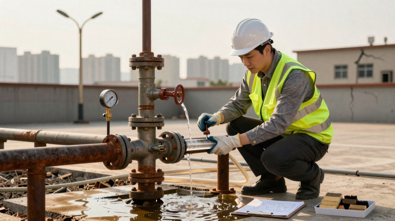 Engenheiro com capacete e colete de segurança verifica válvula de água em estaleiro urbano.