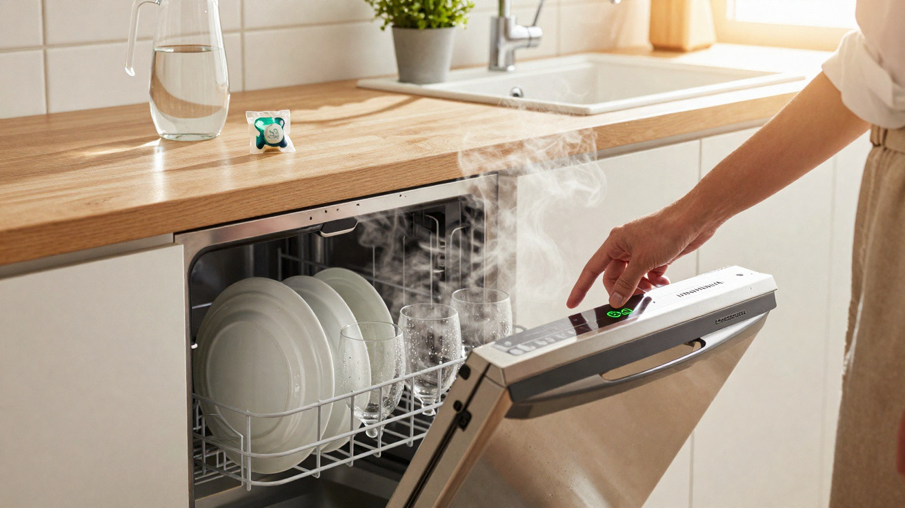 Máquina de lavar loiça aberta com vapor a sair e loiça limpa, com mão a carregar num botão no tampo da porta.