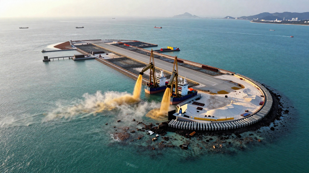 Ilha artificial em construção no mar com equipamentos a despejar areia para o fundo do oceano.