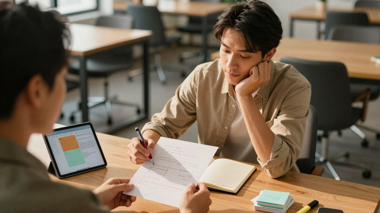 Dois estudantes sentados à mesa a discutir um trabalho com tablet, papel e canetas.