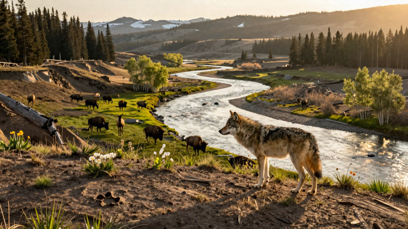 Lobo à beira de um rio ao pôr do sol com cavalos pastando e montanhas ao fundo.