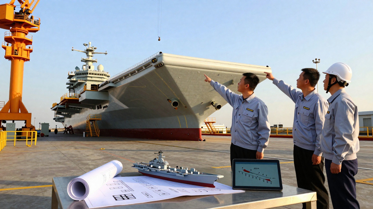 Três engenheiros em capacetes observam um navio de guerra gigante, com modelos e plantas numa mesa ao lado.
