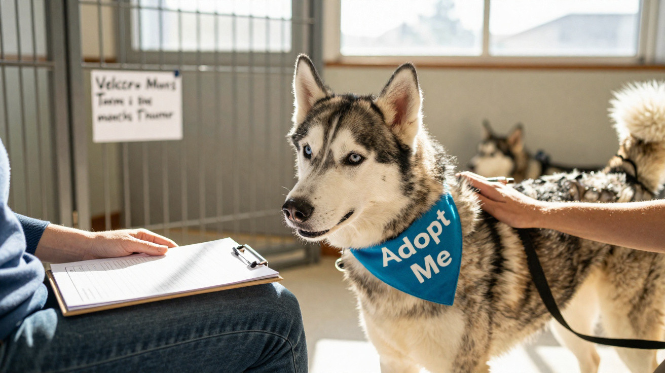 Cão husky com bandana "Adopt Me" junto a pessoa com bloco de notas em abrigo de animais.