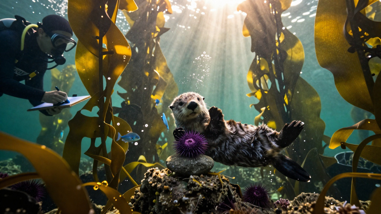 Lontra marinha a segurar ouriço-do-mar, rodeada de algas, com mergulhador a observá-la de perto.