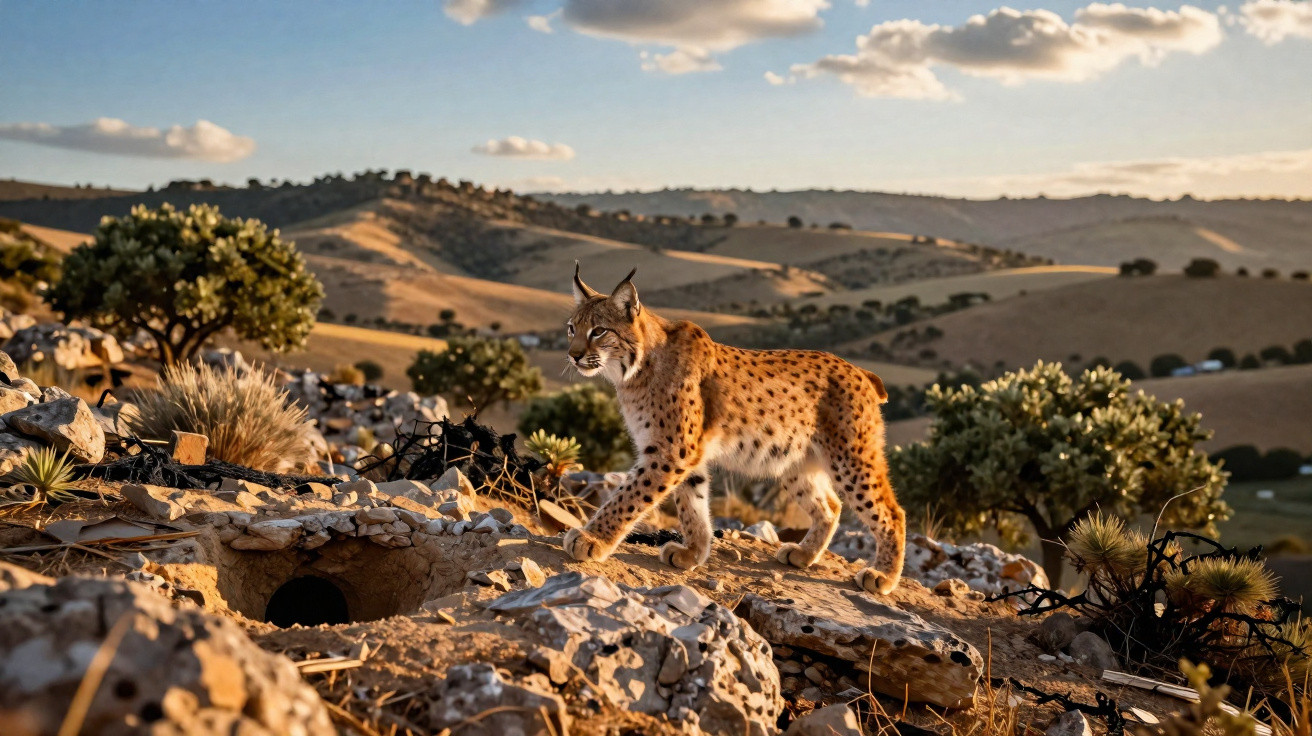 Lince ibérico a caminhar entre rochas e arbustos numa paisagem rural ao pôr do sol.