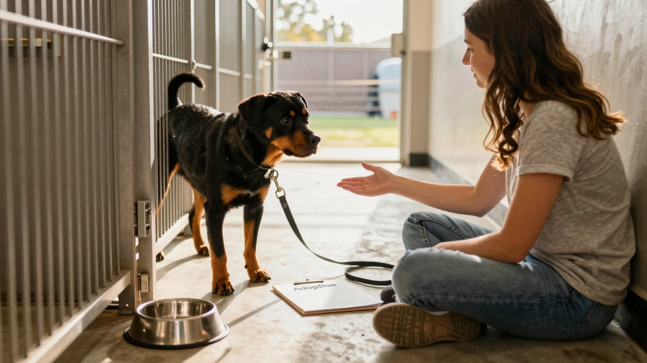 Mulher sentada no chão de um abrigo com um cão da raça Rottweiler com trela e comedouro ao lado.