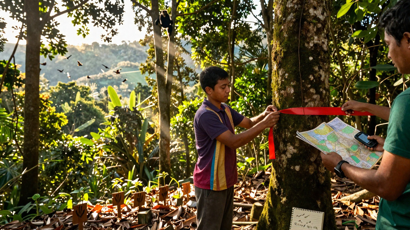Dois homens fazem medições na floresta com fita métrica vermelha, mapa e GPS, rodeados por vegetação e pássaros.