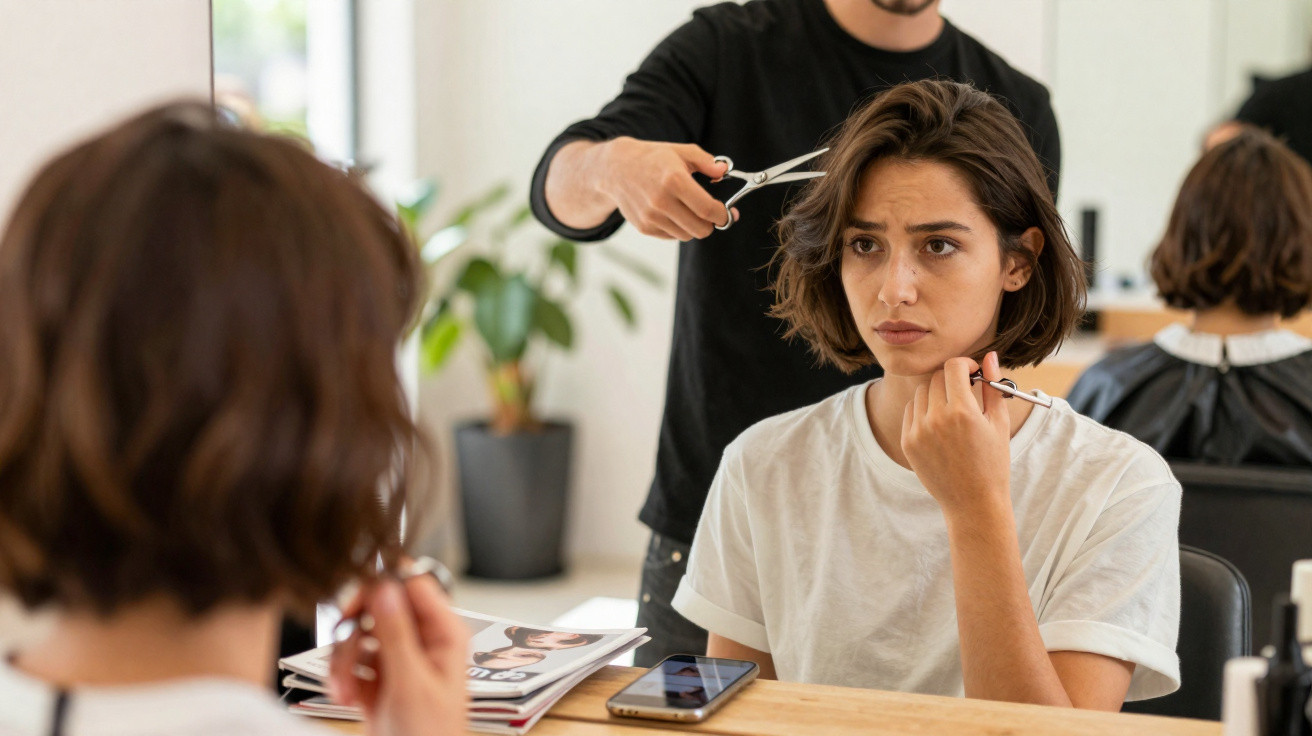 Mulher sentada no cabeleireiro a olhar para o espelho enquanto a cabeleireira corta o seu cabelo curto.