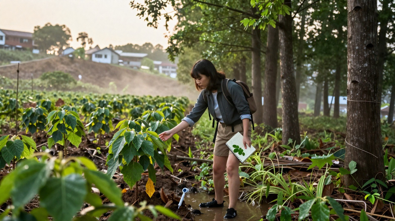 Mulher jovem estuda plantas numa floresta, segurando um caderno aberto e tocando numa folha verde.