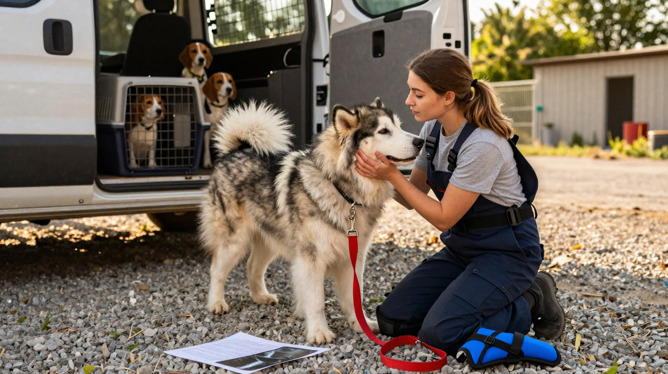 Mulher afaga cão husky ao lado de carrinha aberta com dois cães em caixas no banco traseiro.