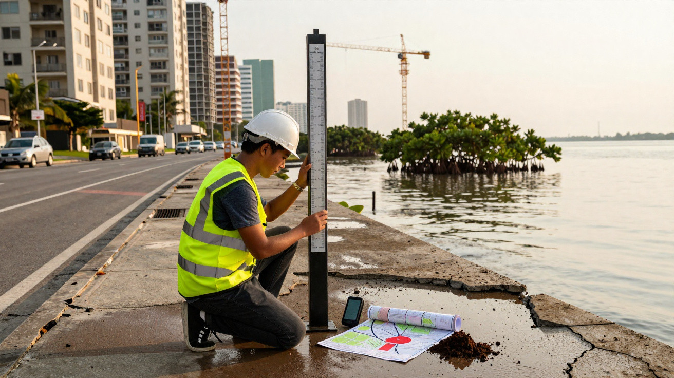 Homem com colete refletor mede nível da água numa margem urbana junto a mapas e equipamentos.