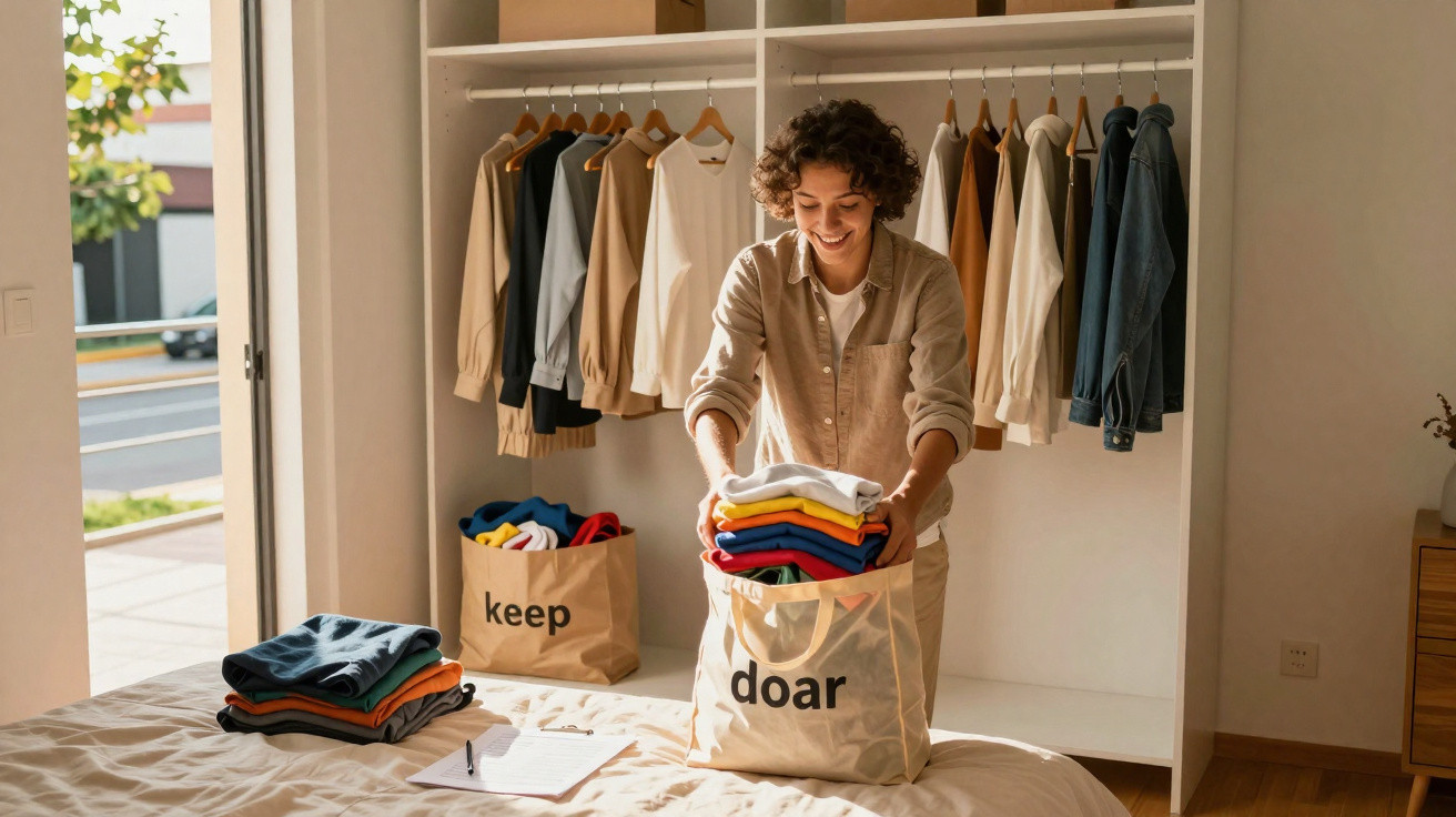 Homem a organizar roupas dobradas em sacos reutilizáveis numa divisão luminosa com armário aberto.