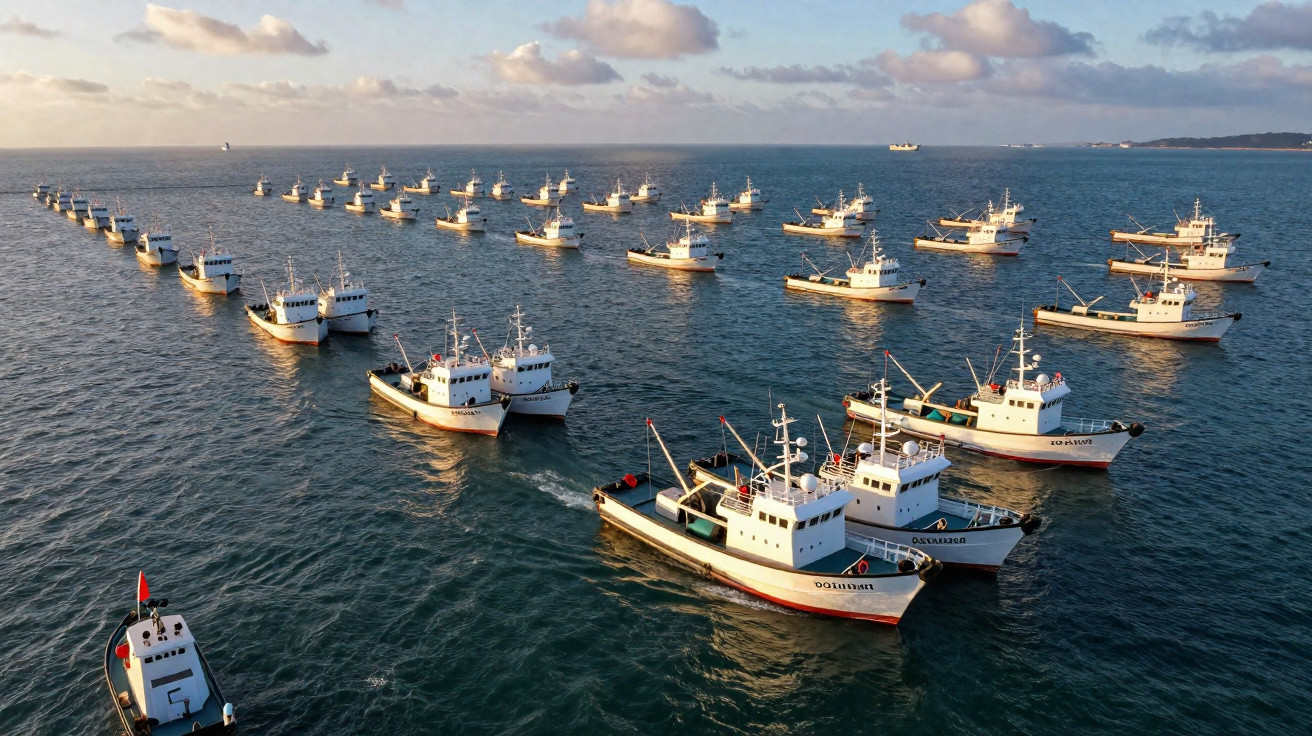 Várias embarcações de pesca organizadas em formação triangular no mar calmo ao entardecer.