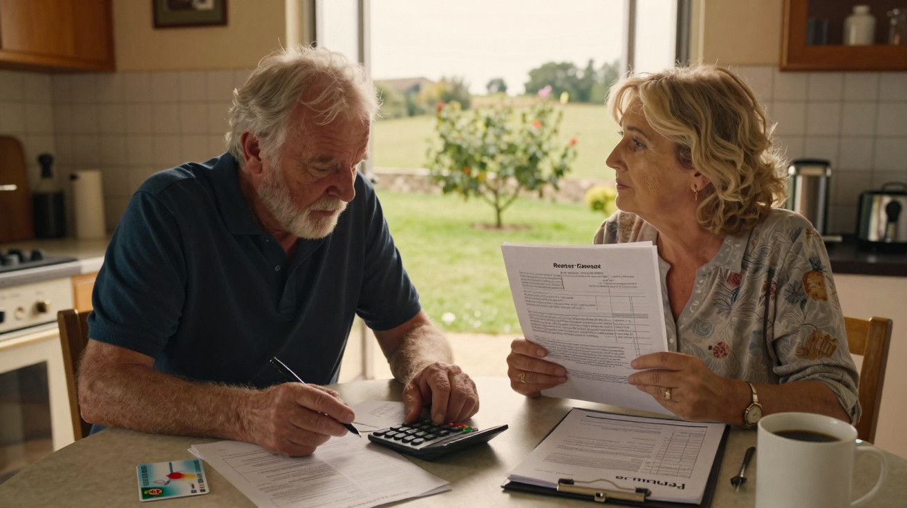 Casal sénior a analisar documentos e usar calculadora numa mesa de cozinha com café.