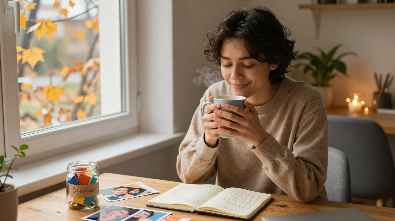Pessoa jovem a sorrir enquanto bebe de uma caneca sentada à mesa com fotos e um caderno aberto.