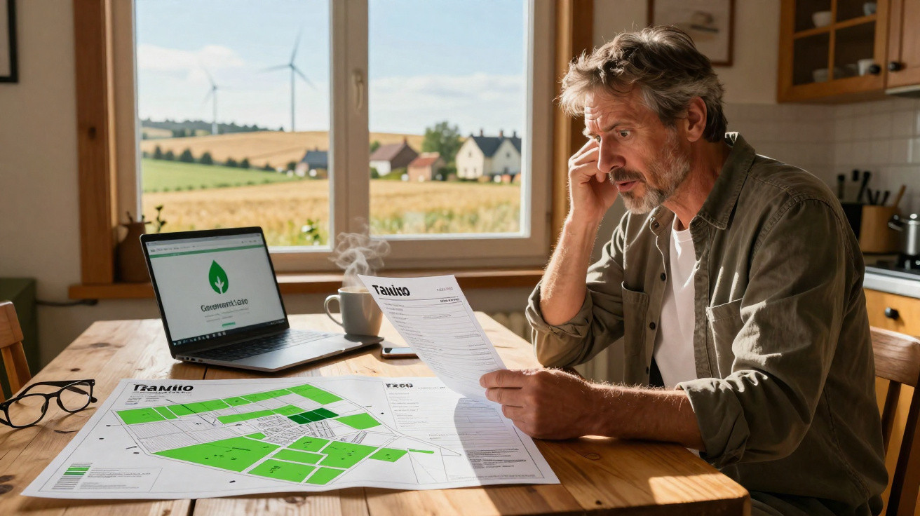 Homem sentado a analisar documentos e mapas ambientais numa cozinha com vista para turbinas eólicas.