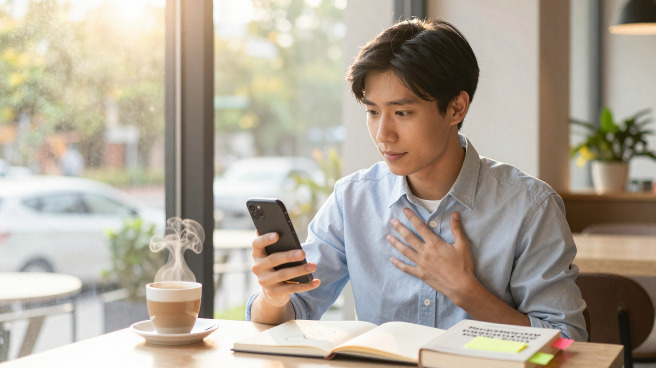 Jovem sentado numa mesa com café, livro aberto e a olhar surpreendido para o telemóvel.