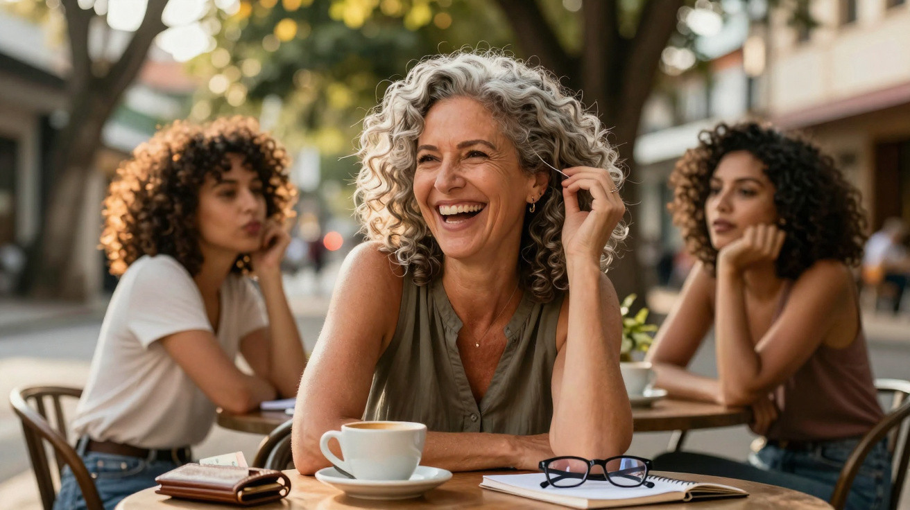 Mulher sorridente sentada à mesa de café com três mulheres ao fundo numa esplanada urbana.