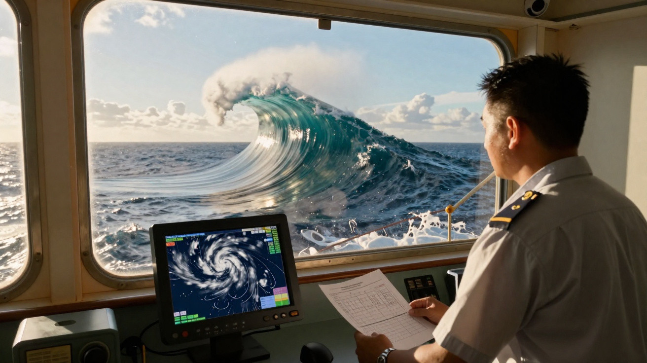 Homem na cabine de navio observa uma grande onda azul no oceano através da janela.