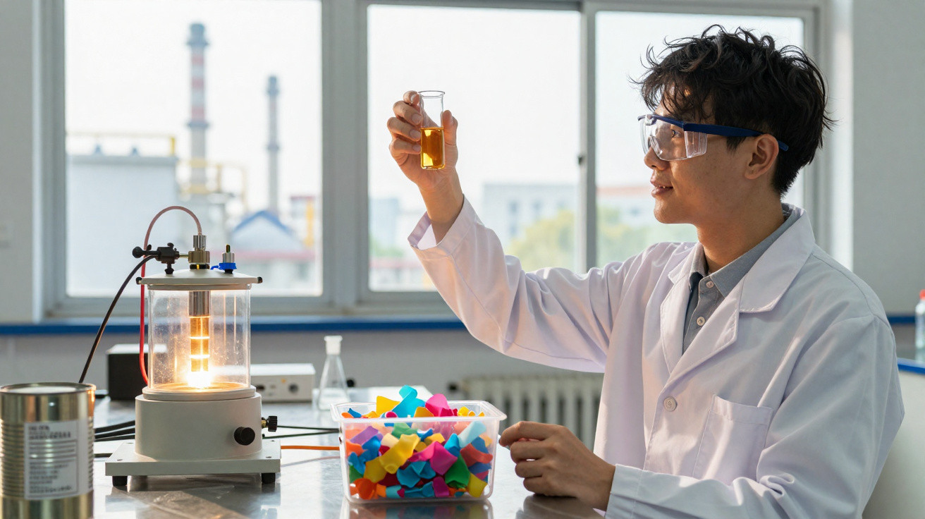 Cientista com bata branca e óculos de segurança analisa líquido amarelo num tubo de ensaio no laboratório.