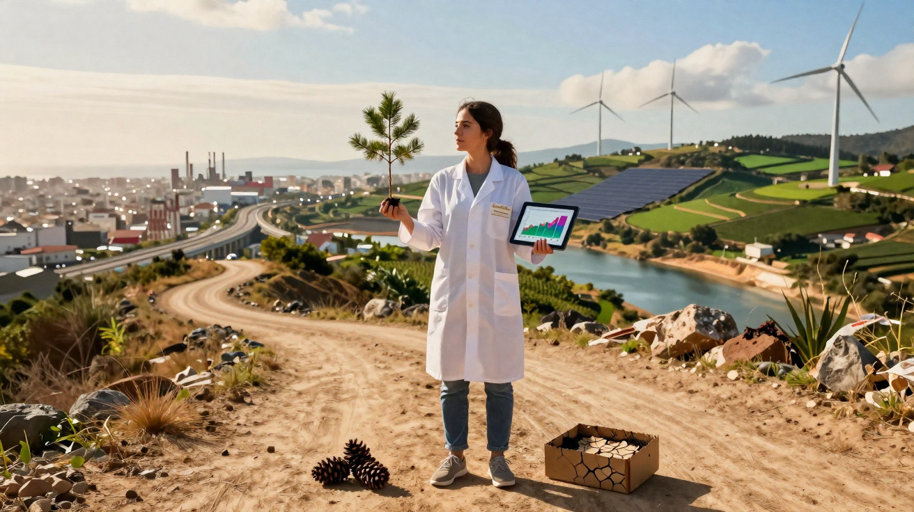 Mulher com bata branca segura planta e tablet com gráfico, em paisagem com turbinas e painéis solares.