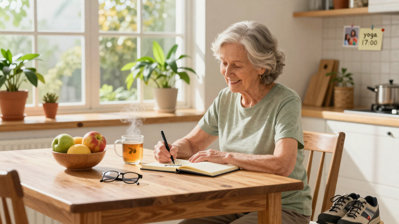 Mulher sénior sentada à mesa a escrever num caderno, com chá quente e fruta na cozinha iluminada pela manhã.