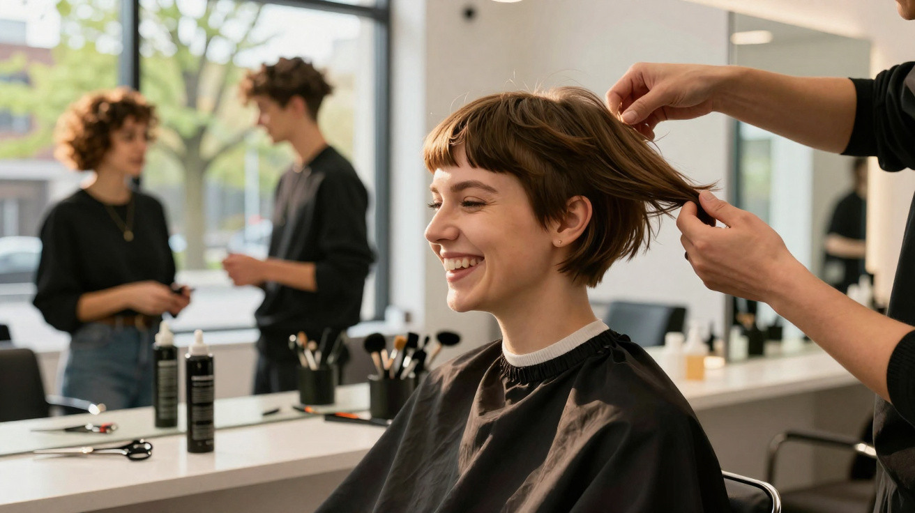 Mulher sorridente a receber corte de cabelo curto num salão moderno com outros clientes ao fundo.