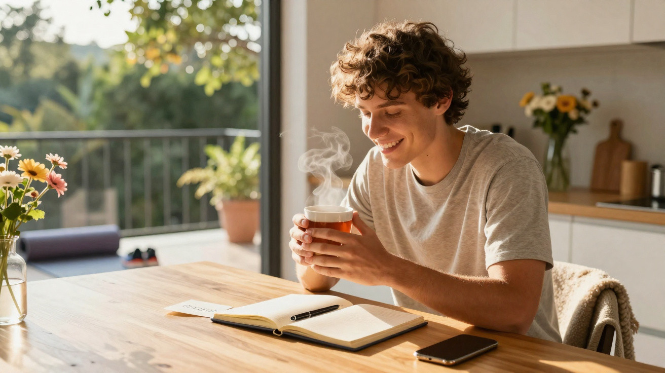 Jovem sentado à mesa na cozinha, segurando uma chávena quente enquanto sorri, com caderno aberto à frente.