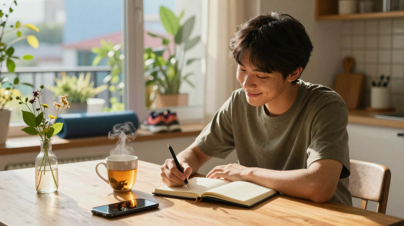 Jovem a escrever num caderno sentado numa mesa de madeira, com chá quente e telefone à sua frente.