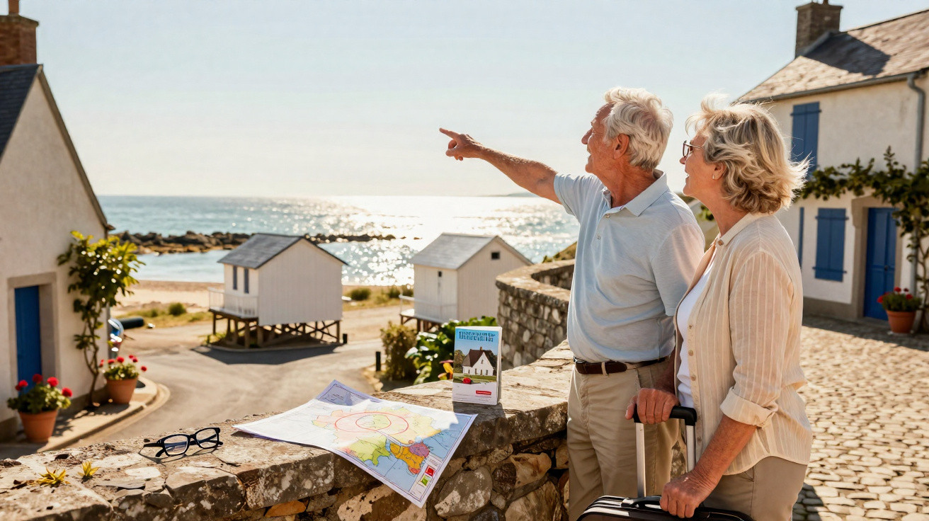 Casal sénior com malas a apontar, perto de casas na praia ao pôr do sol, mapas e óculos sobre muro de pedra.