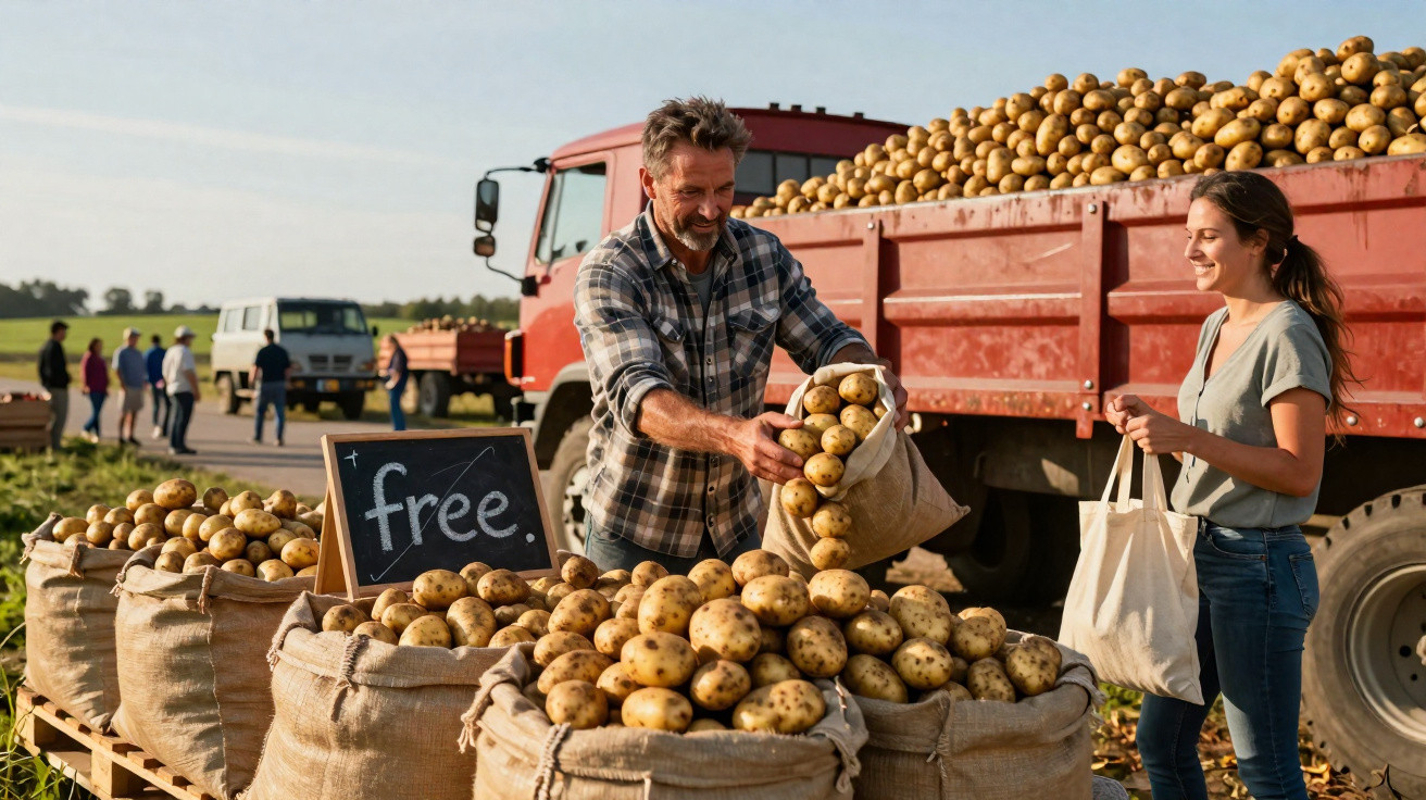 Homem a encher sacos com batatas numa feira ao ar livre com camiões e pessoas ao fundo.