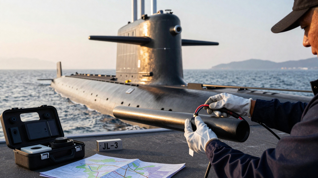 Submarino negro ao largo com equipamentos de navegação e mapa colorido em primeiro plano.