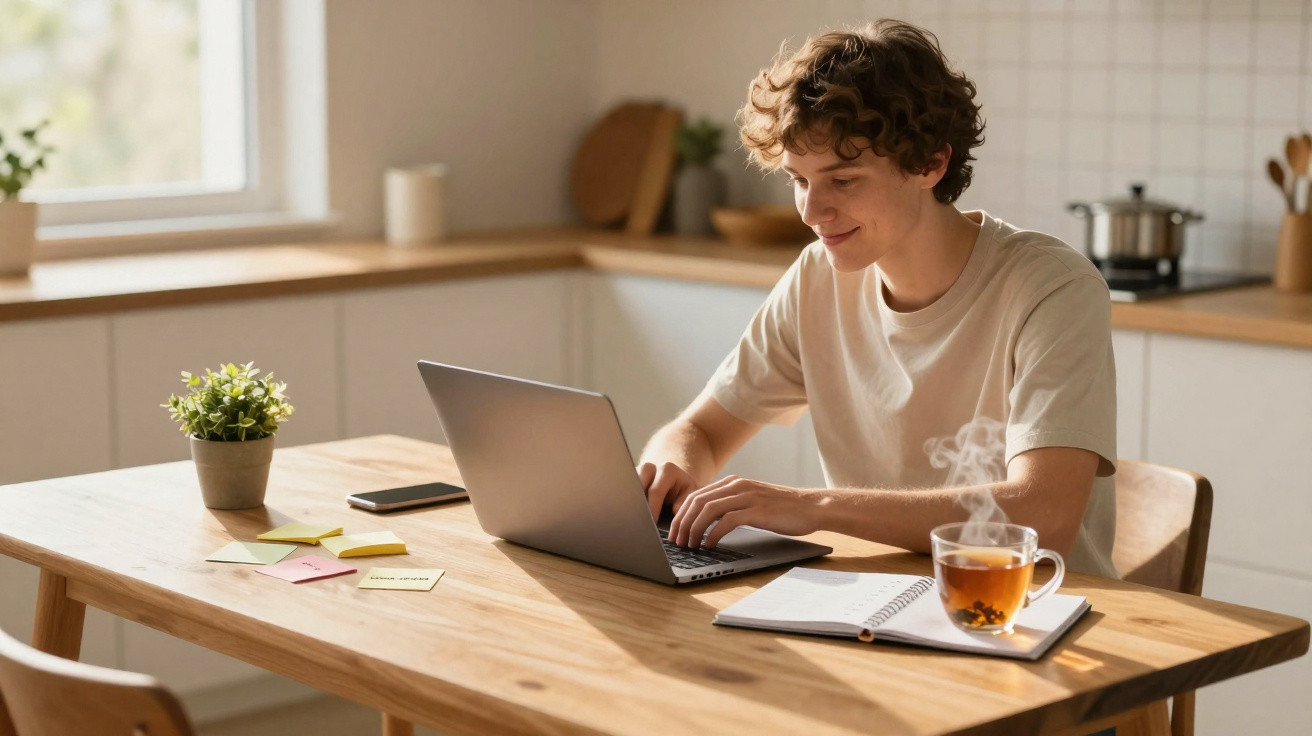 Jovem a trabalhar num portátil numa cozinha luminosa com chá quente, bloco de notas e planta na mesa de madeira.