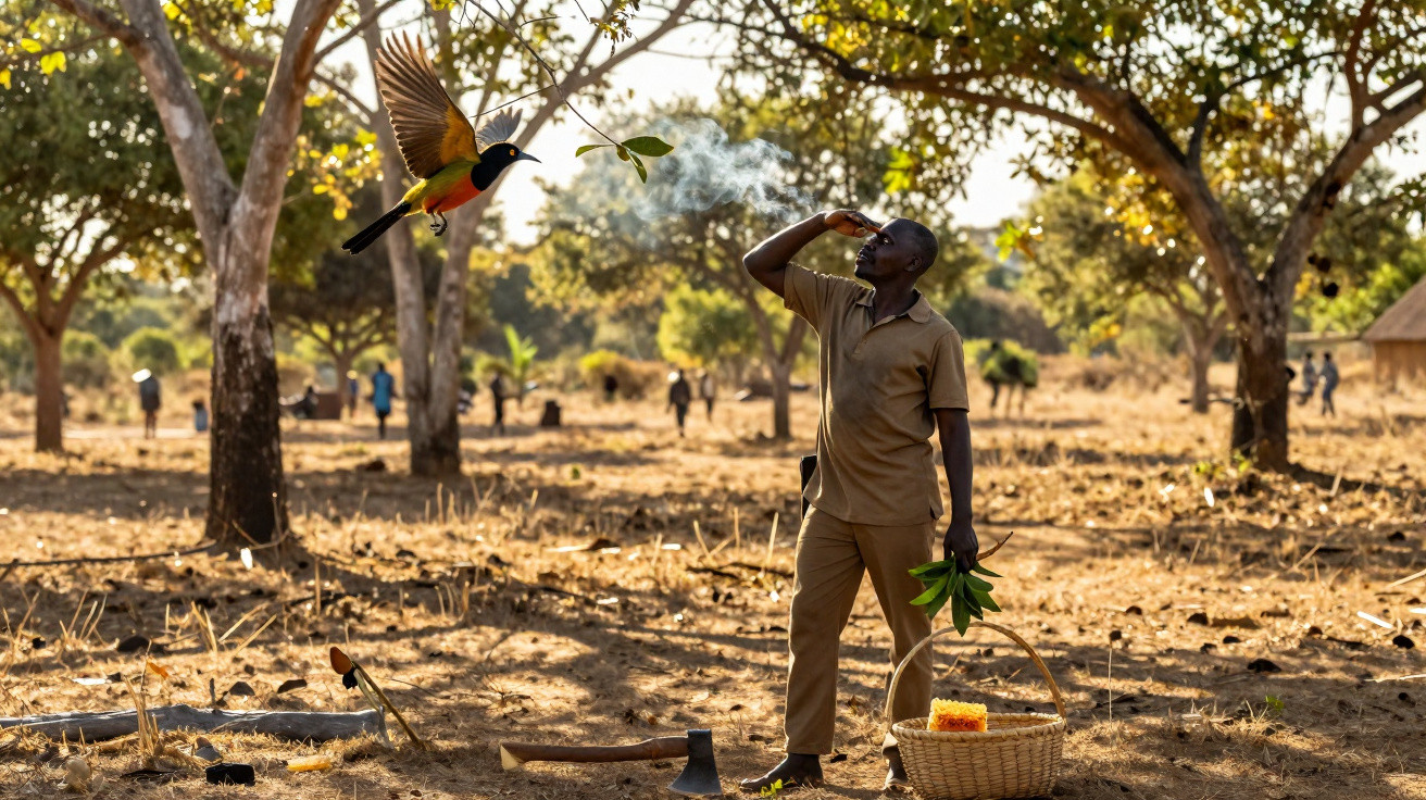 Homem com folhas na mão observa pássaro voando numa área rural com árvores e utensílios agrícolas.