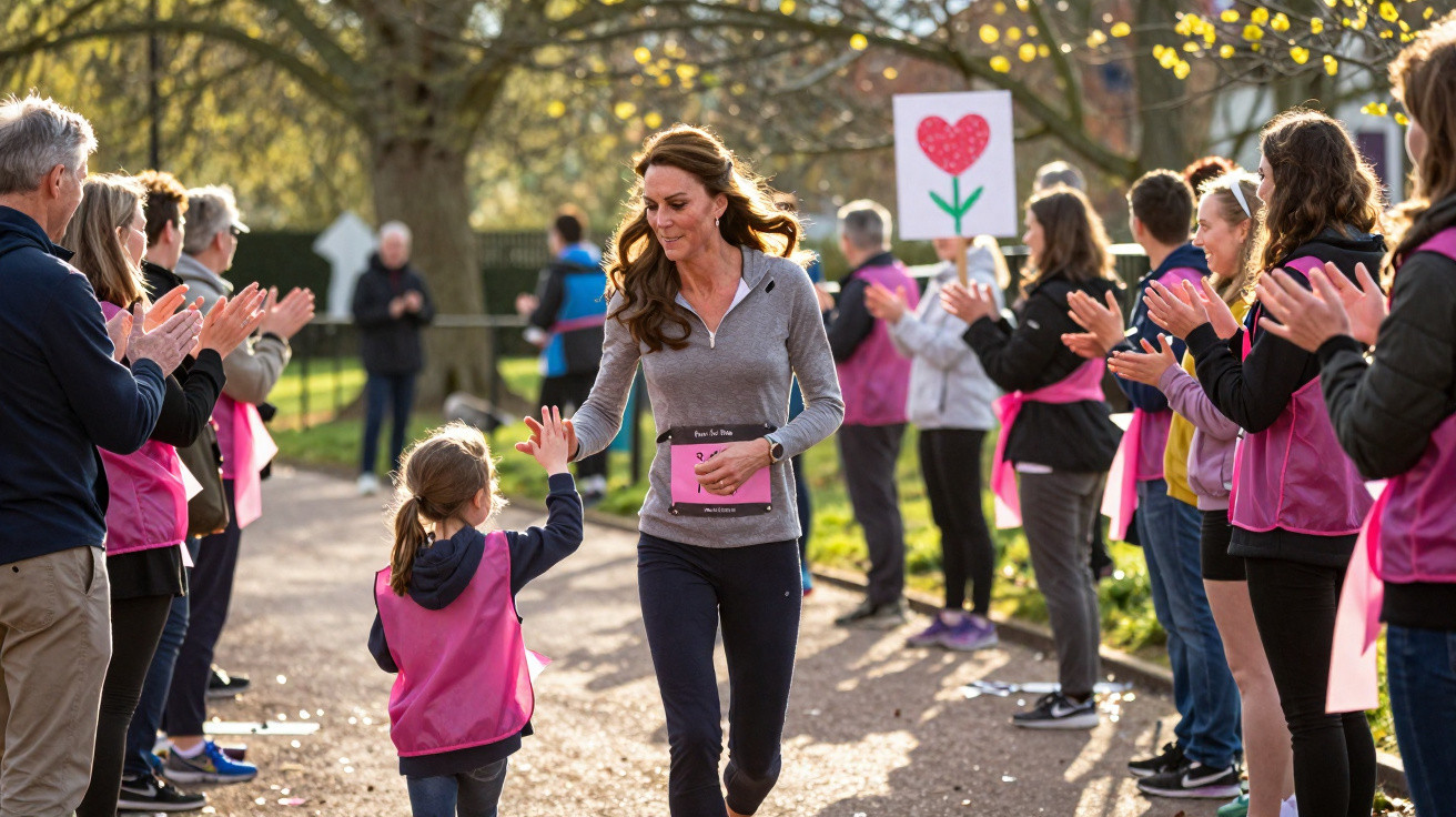 Mulher a correr numa corrida solidária "Run for Rose" cumprimenta menina enquanto espectadores aplaudem.
