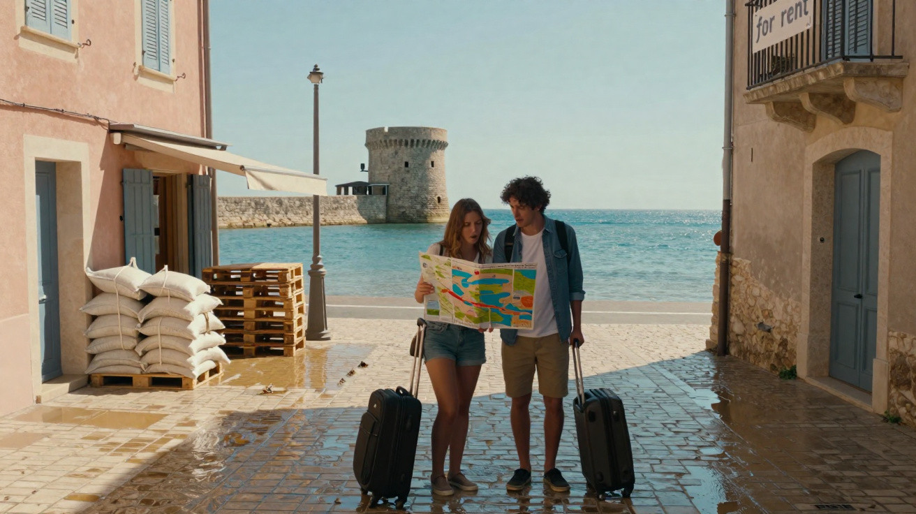 Casal de turistas com malas a consultar mapa numa rua perto do mar e torre antiga ao fundo.