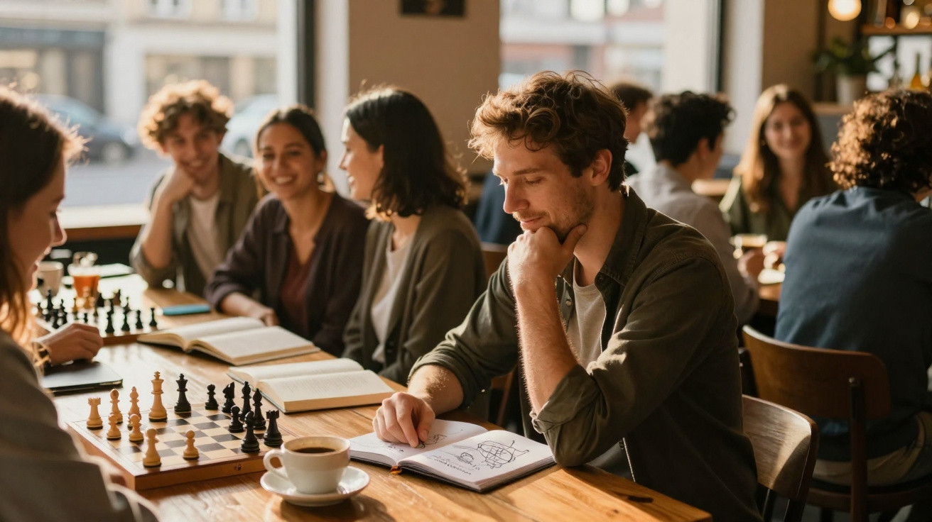 Jovens a jogar xadrez e conversar num café acolhedor durante o dia, com livros e chá na mesa.