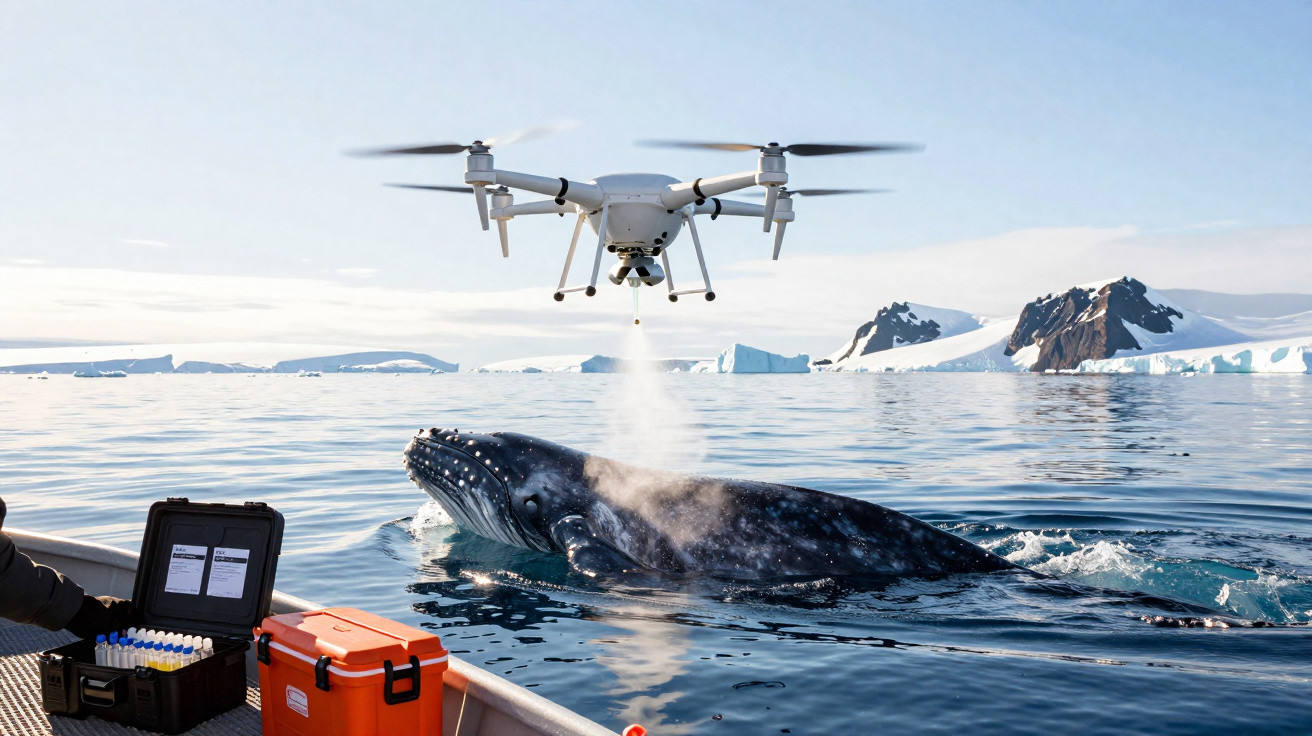 Drone em voo sobre uma baleia numa paisagem gelada, com equipamento científico num barco próximo.