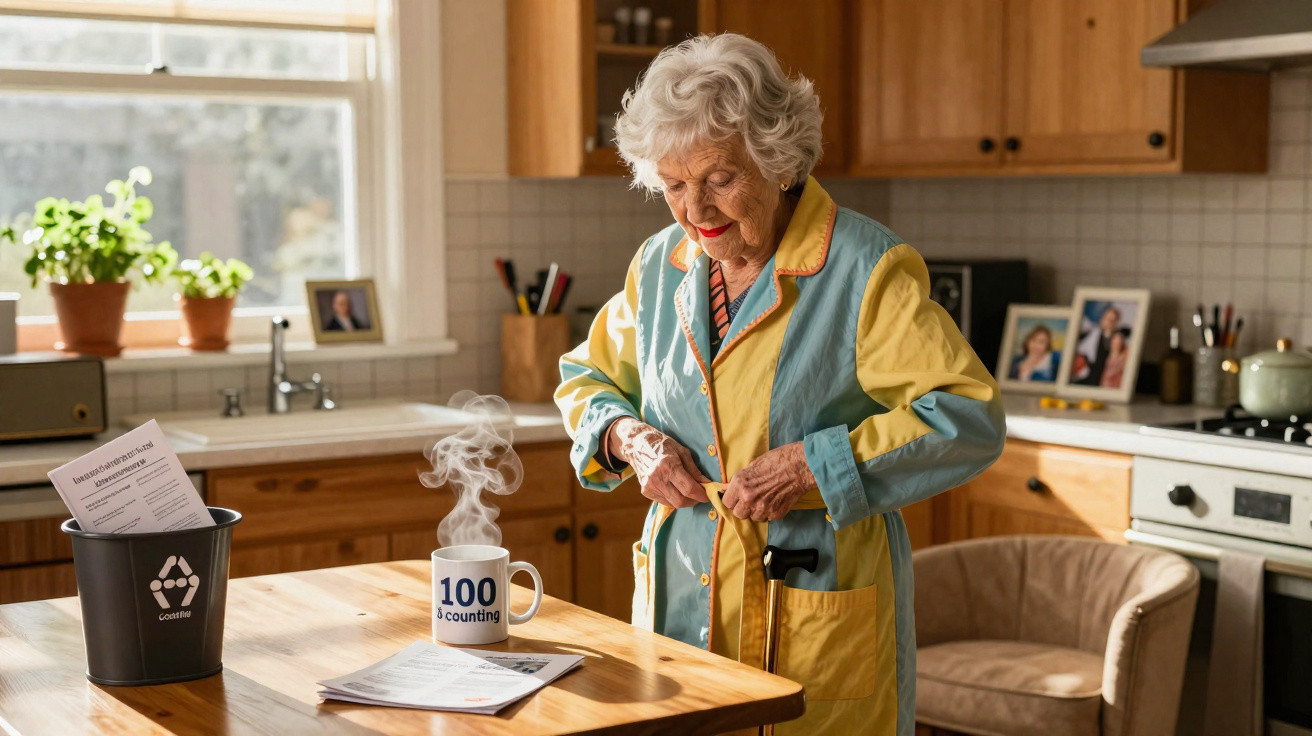 Mulher idosa na cozinha a fechar o casaco, com uma caneca fumegante "100 & counting" numa mesa.